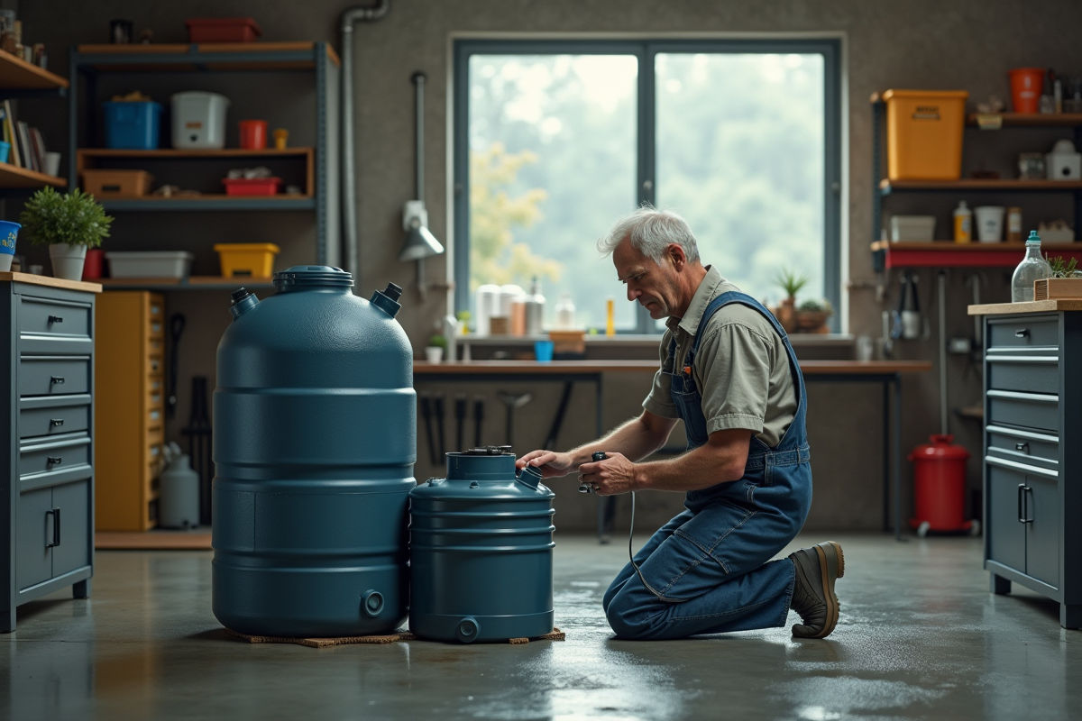Homme âgé assemble un réservoir d