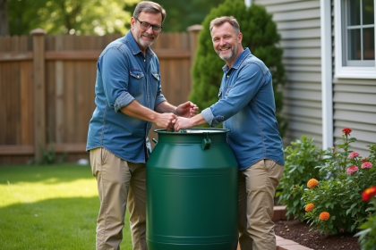 Homme attachant un tonneau d'eau vert devant sa maison