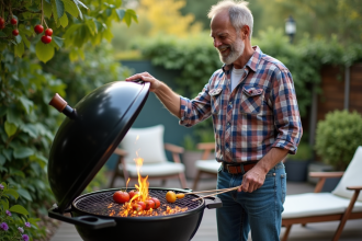 Homme d'âge moyen souriant vérifiant le barbecue en plein air