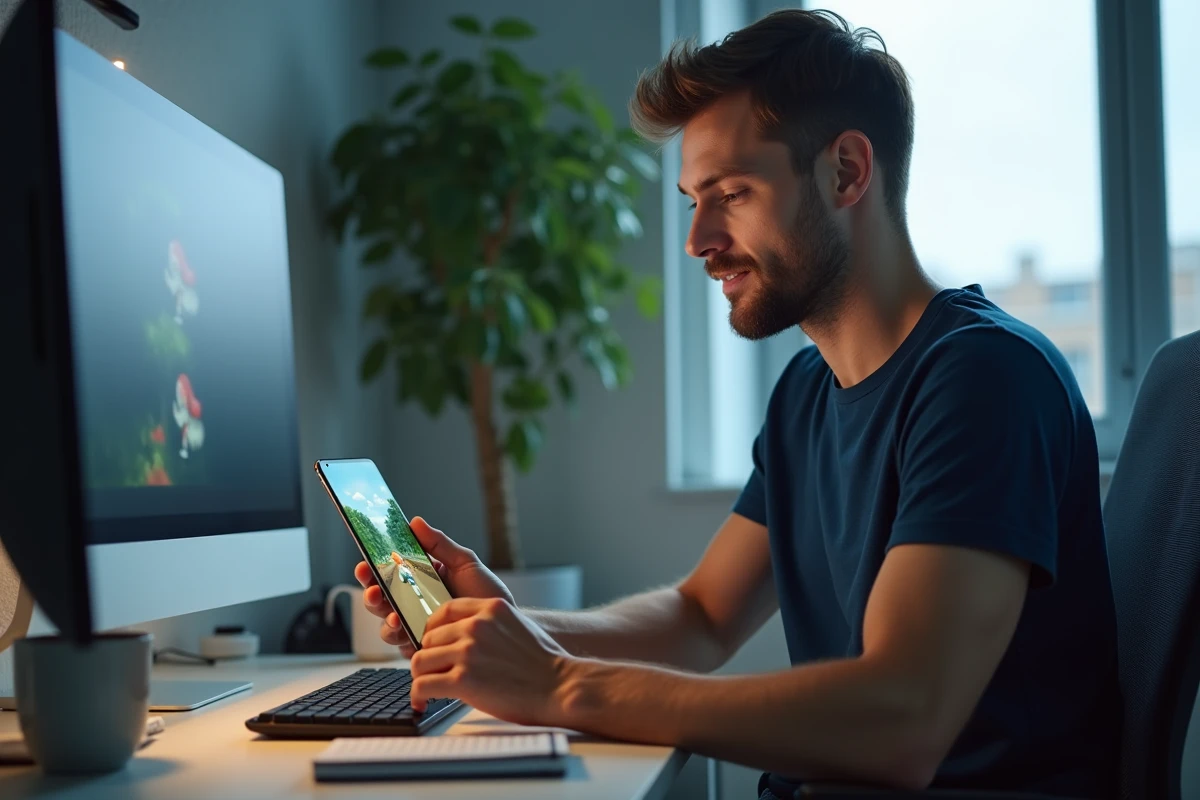 Homme utilisant son smartphone pour jouer à un jeu Google de nain de jardin, installé à un bureau de home office moderne