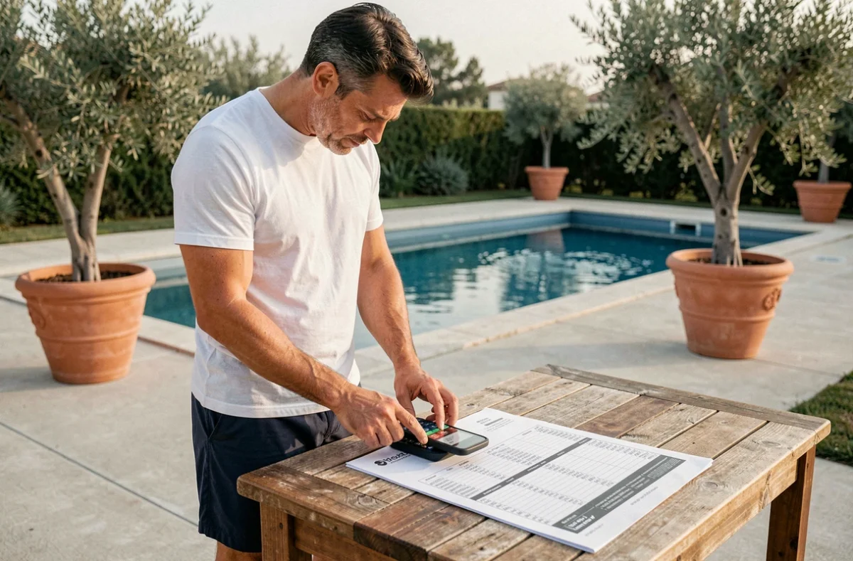 Homme utilisant une calculatrice sur smartphone pour doser le sel de sa piscine avec un guide d'entretien imprimé