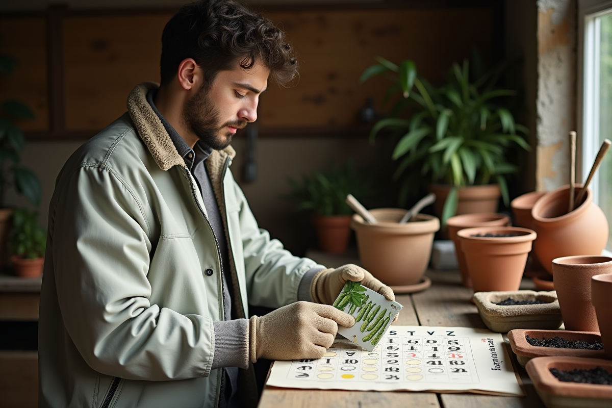 Jeune homme vérifiant le calendrier lunaire pour semis