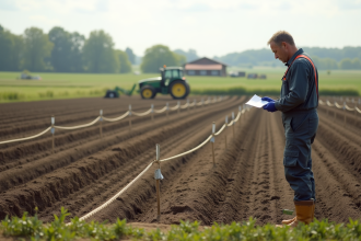 Homme en overalls vérifiant un champ avec drapeaux pour un projet d'étang