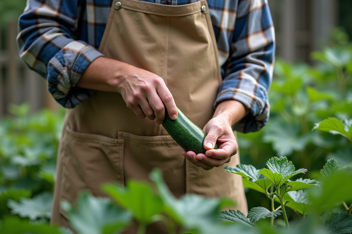 Homme âgé dans un jardin cultivant un concombre sur la vigne