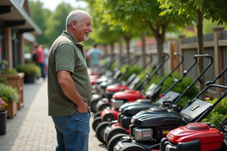 Homme souriant inspectant des tondeuses dans un magasin de jardinage