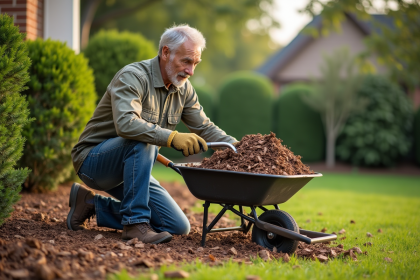 Homme au jardin avec brouette de mulch frais