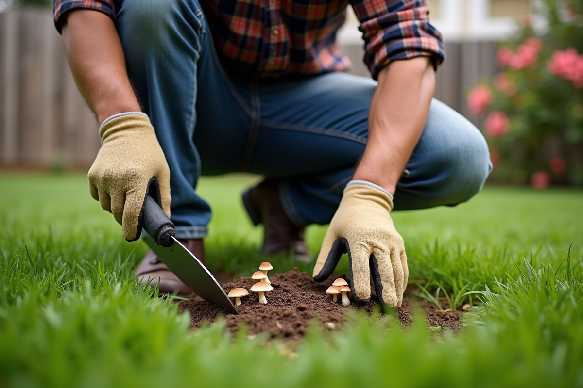 Homme jardinant cueillant des champignons dans la pelouse