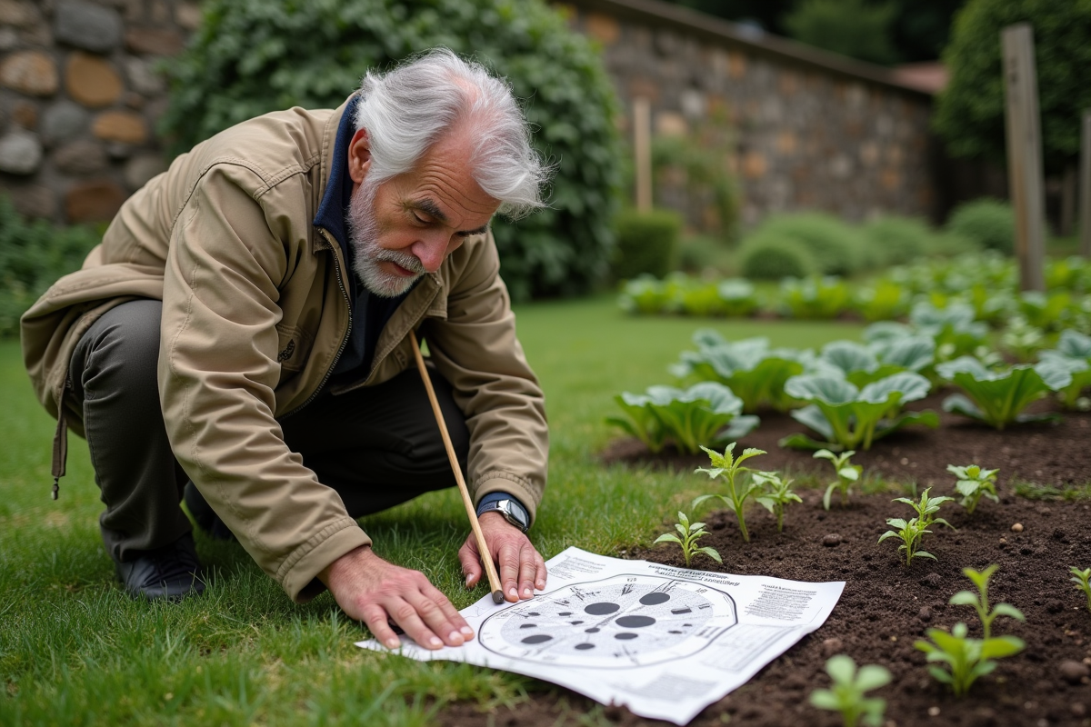 Homme âgé marquant lignes dans le jardin