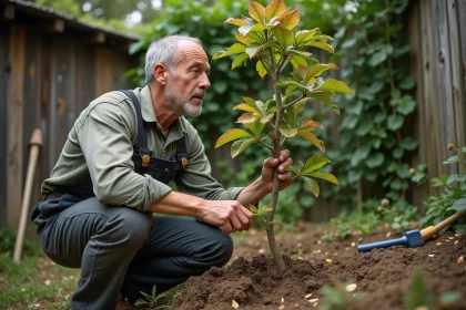 Homme en vêtements de travail près d'un figuier malade