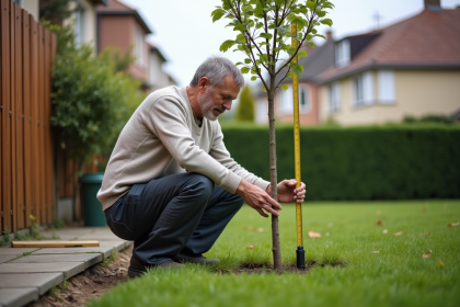 Homme mesurant la limite de propriété dans un jardin français