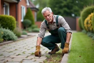 Homme d'âge moyen en tenue de jardinage près d'une allée pavée