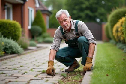Homme d'âge moyen en tenue de jardinage près d'une allée pavée