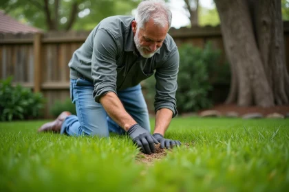 Homme d'âge moyen en vêtements de jardinage étalant des graines sur une pelouse verte