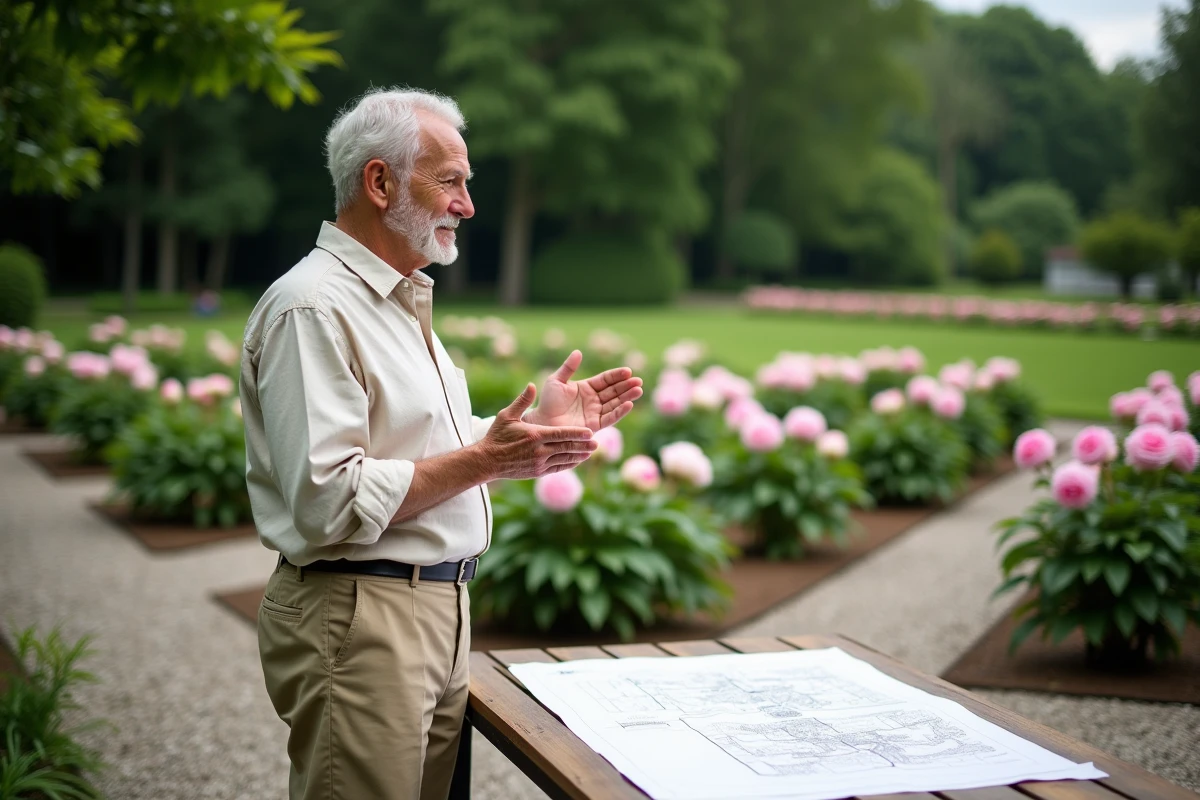Homme âgé observant un plan de pivoines dans le jardin