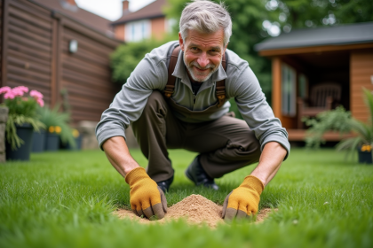 Homme en jardin pratique étalant du sable sur la mousse