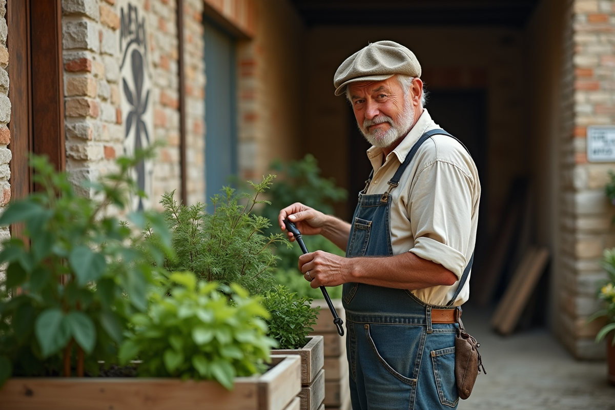 Homme d age en tenue rustique près de caisses en bois avec plantes
