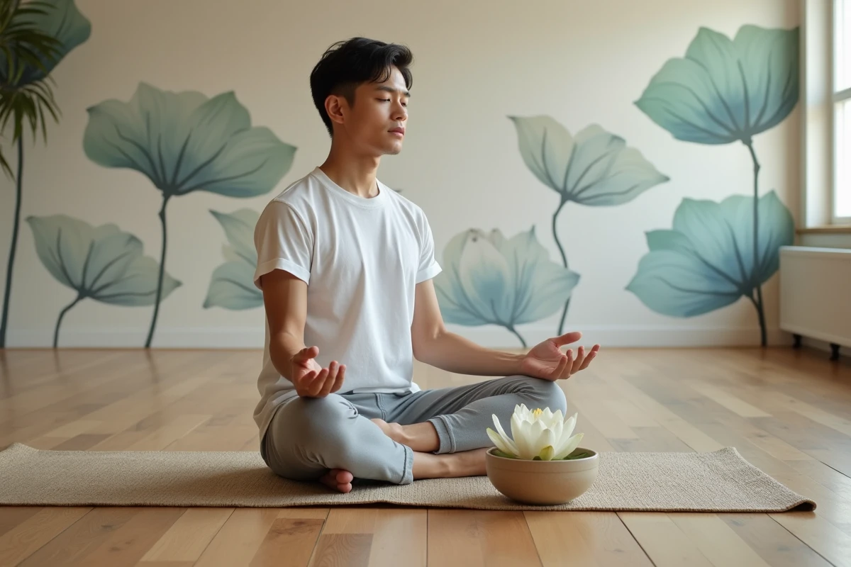 Jeune homme méditant dans un studio intérieur calme
