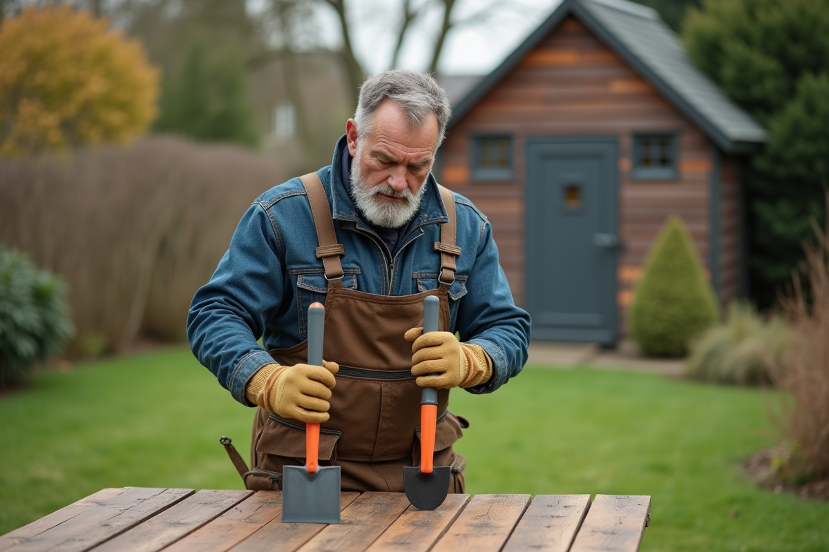 Homme en vêtements de travail compare deux outils de jardin