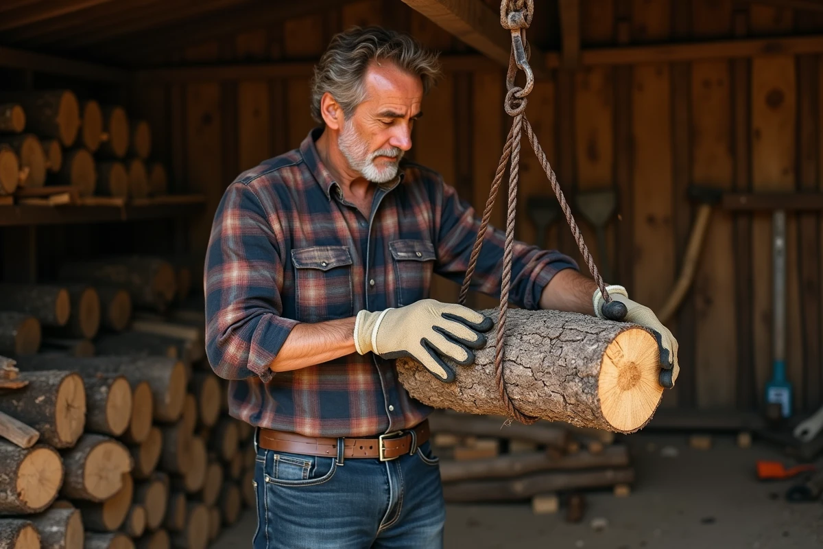 Homme pesant une bûche de bois de 50 cm sur une balance dans un hangar, comparant le poids du bois selon sa taille