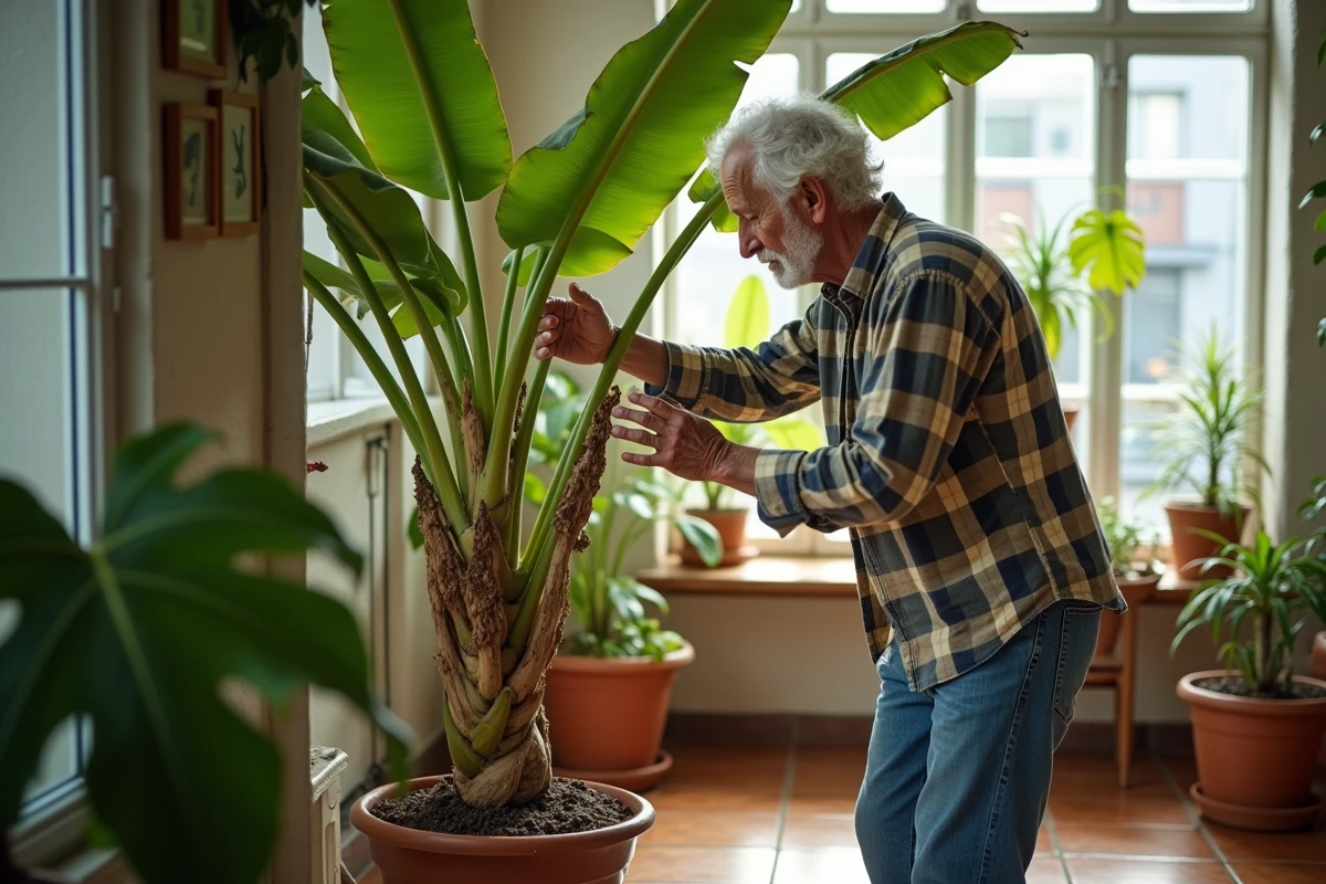 Homme âgé étudiant un plantain dans une serre lumineuse