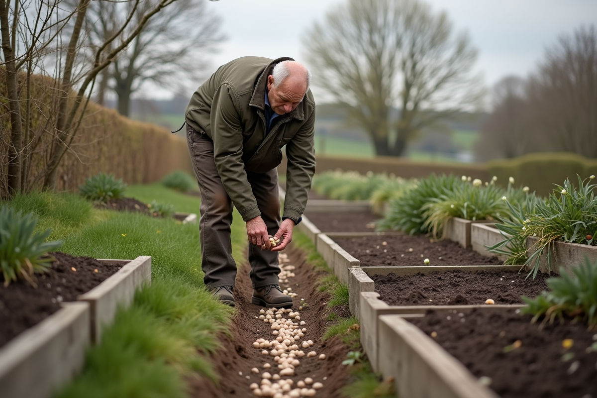 Homme dispersant des sets d ail dans un jardin en préparation