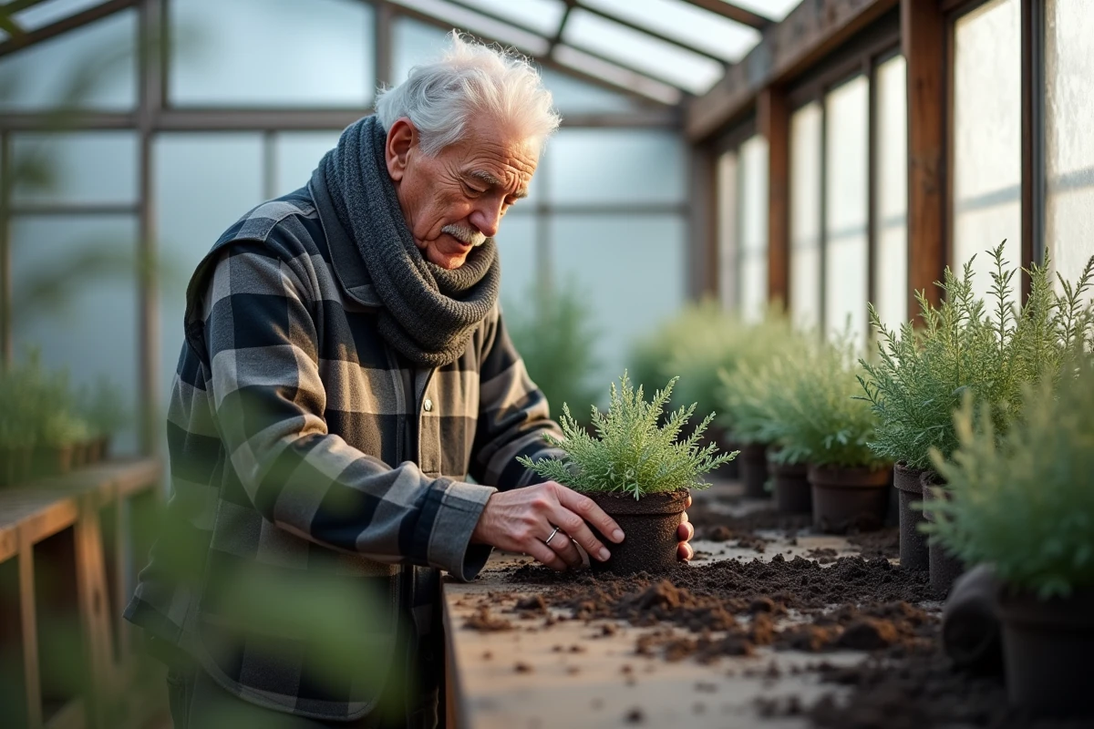 Homme âgé plantant de la sauge dans une serre en hiver