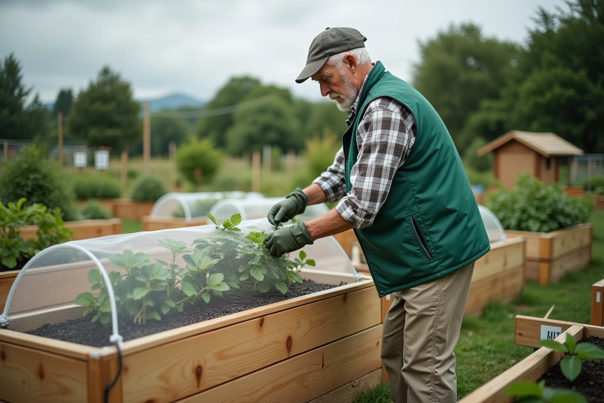 Homme âgé sécurisant un filet autour de lits de fraises dans un jardin