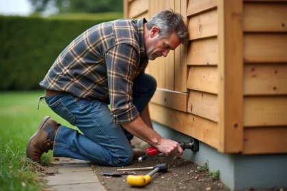 Homme en vêtements de travail fixant l'ancrage de l'abri de jardin