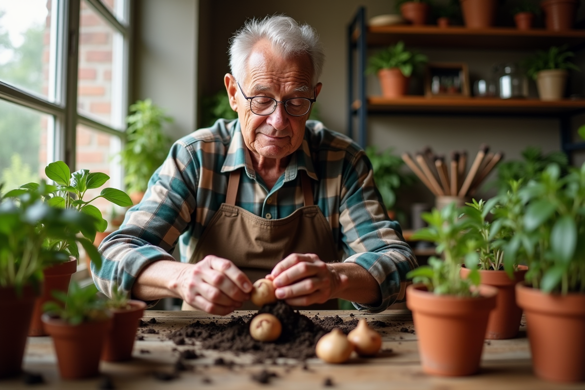 Homme âgé replantant des bulbes dans des pots en terre cuite à l
