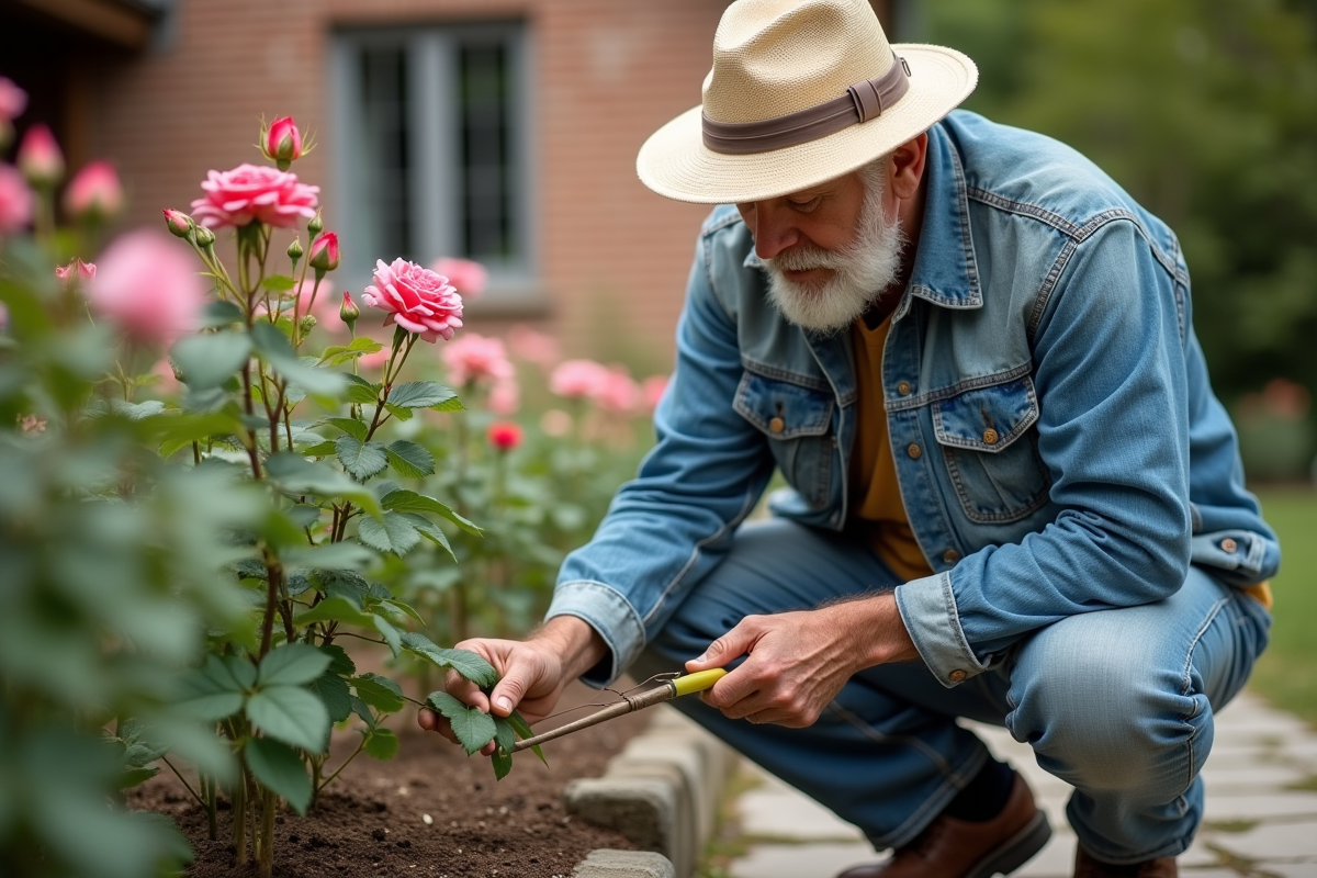 Homme âgé taillant un rosier dans le jardin