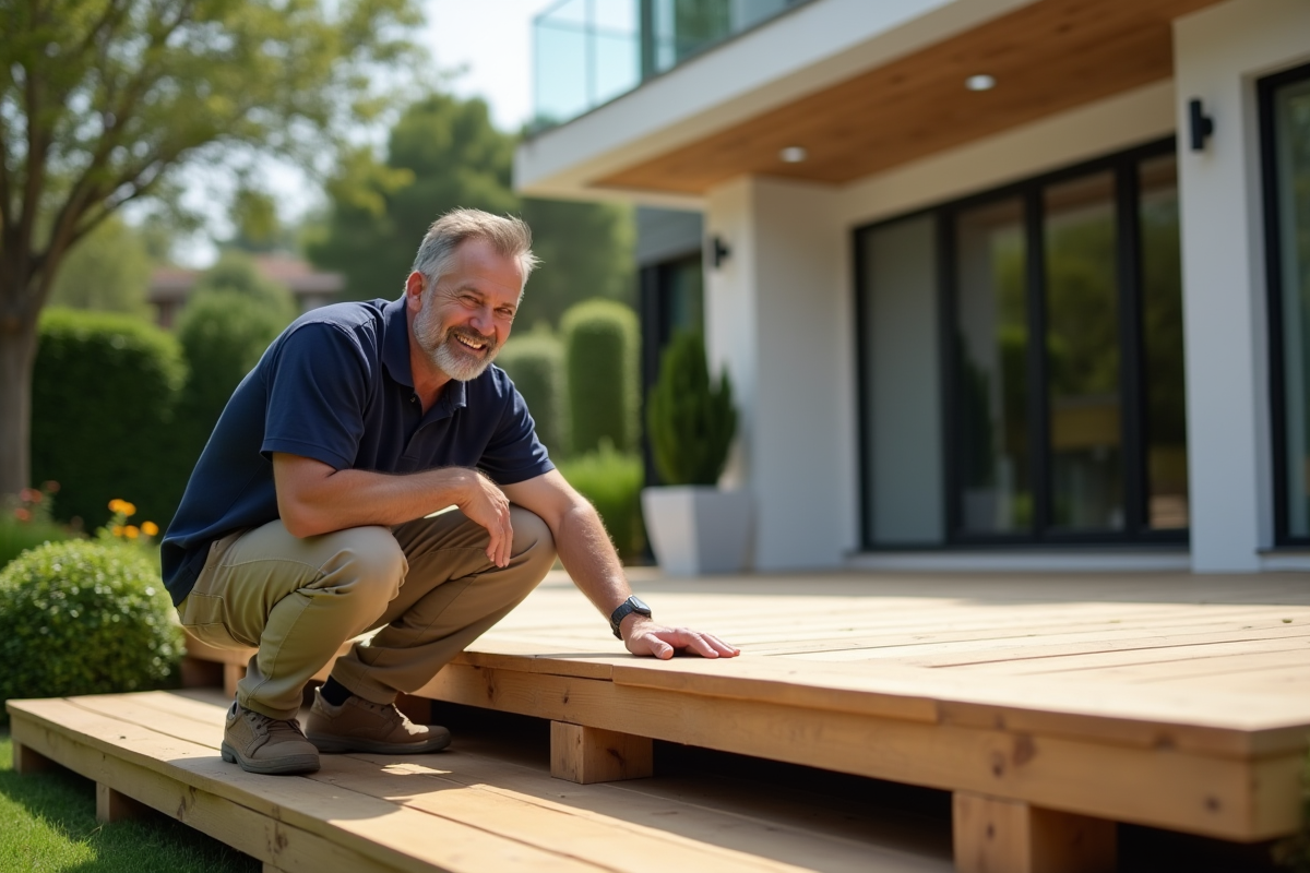 Homme souriant inspectant une terrasse en bois neuve