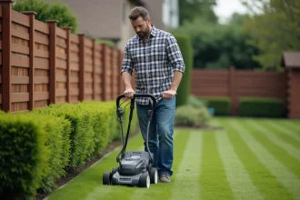 Homme en casual examine une tondeuse sans fil dans son jardin