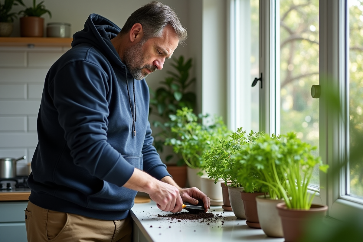 Homme transplantant des herbes dans la cuisine lumineuse
