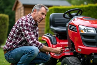 Homme vérifiant le moteur d'une tondeuse à gazon rouge