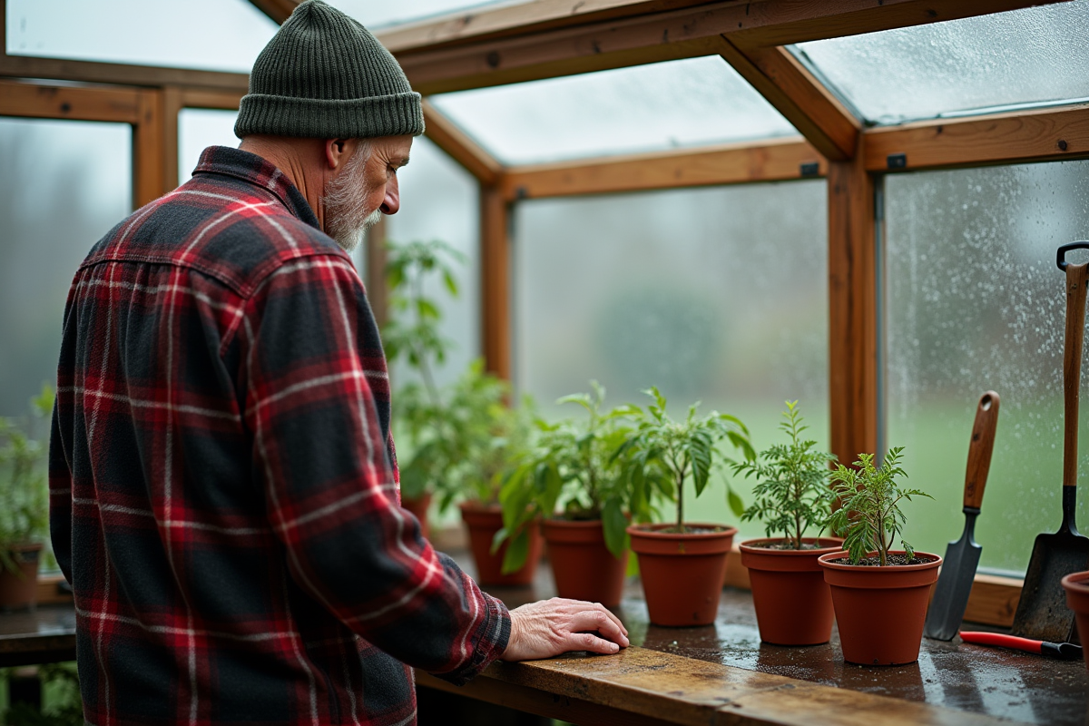 Homme vérifiant plants de tomates dans serre en verre recyclé