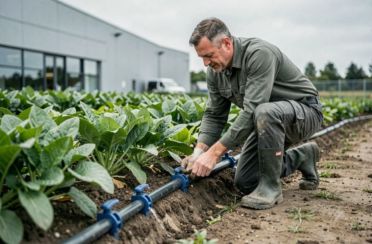 Technicien paysagiste d'Hydra Vert installant un système d'irrigation goutte-à-goutte dans un massif planté en milieu commercial dans le Gard
