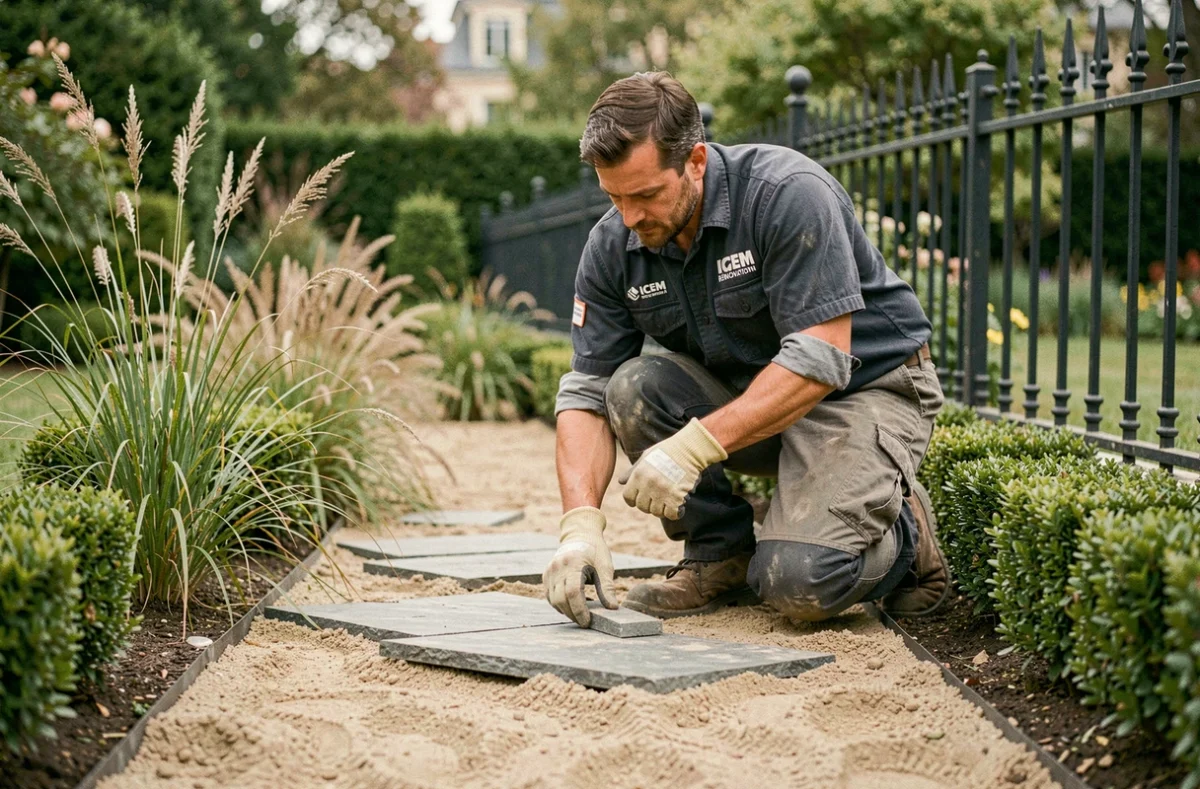 Artisan ICEM Rénovation posant des dalles en pierre dans un jardin parisien, travaux d'aménagement paysager avec allée en cours de réalisation