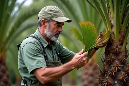 Arboriste examine fronds de palmier endommagés après tempête