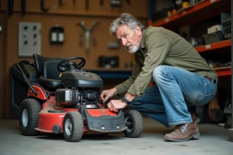 Homme inspectant le câble d'enclenchement de lame d'un tracteur tondeuse dans un garage après l'hiver