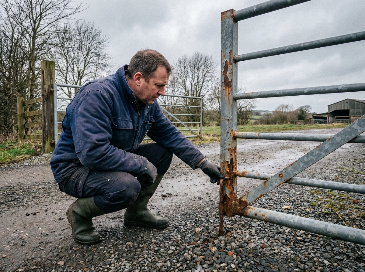 Homme inspectant les gonds rouillés d'un portail métallique galvanisé à l'entrée d'une propriété rurale avec allée en gravier
