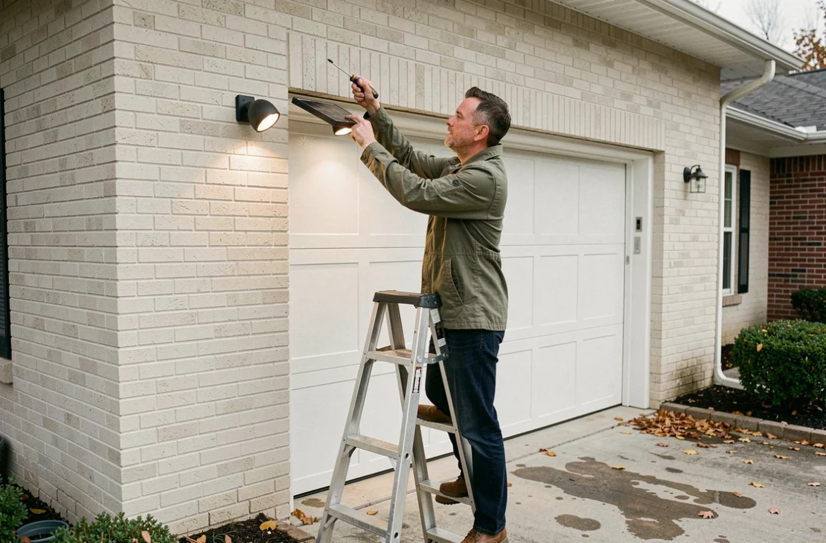 Propriétaire installant un spot solaire LED devant la porte de son garage en briques sur une maison de banlieue