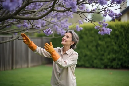 Femme examinant un jacaranda aux fleurs violettes clairsemées dans un jardin résidentiel