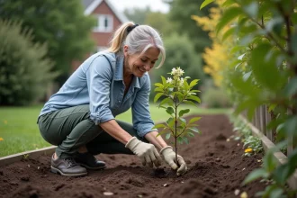 Femme en jardinage plantant un lilas japonais dans le jardin