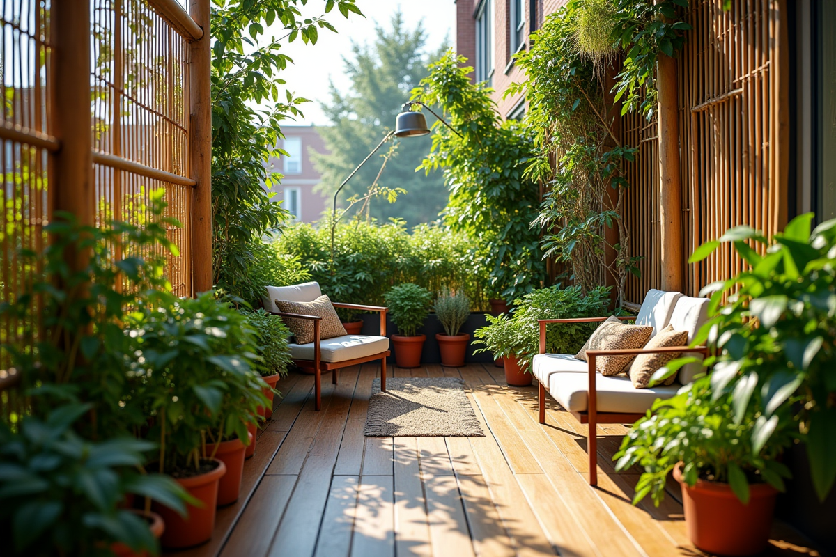 Petit jardin urbain sur balcon avec plantes en pot