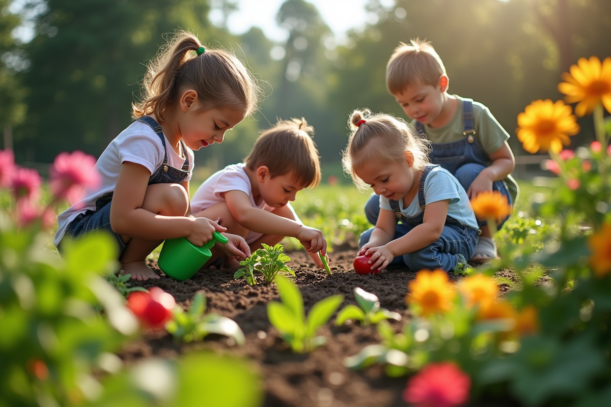 Enfants et adultes plantant dans un jardin écologique pour l article