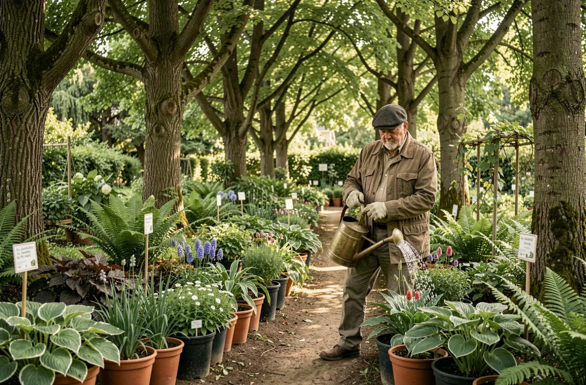 Jardinier arrosant des plantes d'ombre dans les allées boisées du Jardin du Pic Vert
