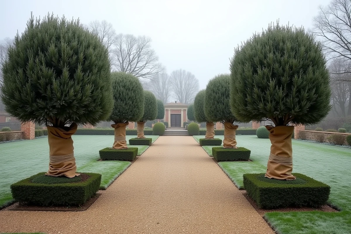 Allée de jardin formel avec trois oliviers en nuage taillés et protégés du froid par une toile de jute en hiver