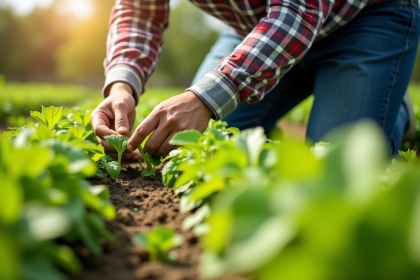 Personne à genoux dans un jardin potager ensoleille, arrachant des mauvaises herbes à la main