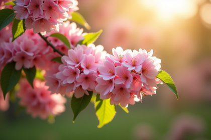 Jardin ensoleille avec un weigela en fleurs roses et feuillage vert