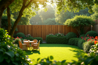 Jardin privé avec haies vertes et mobilier d'extérieur
